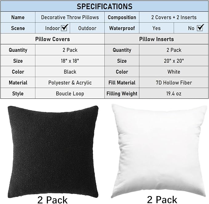 Complete Throw Pillows with Inserts, Set of 2 Decorative Throw Pillow-Boucle-18 x 18"-Square Boho Pillows for Couch, Patio, Bed, Sofa Decor (Black, 18" x 18"(Pack of 2))