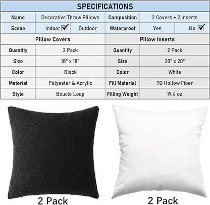 Complete Throw Pillows with Inserts, Set of 2 Decorative Throw Pillow-Boucle-18 x 18"-Square Boho Pillows for Couch, Patio, Bed, Sofa Decor (Black, 18" x 18"(Pack of 2))