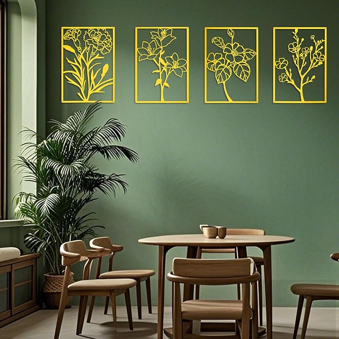 ZNZAPO 4 Pcs Large Gold Metal Flower Wall Art, Abstract Line Art Wall Decor, Minimalist Floral Wall Hanging Art, 3d Wall Art Sculptures Decor for Living Room Bedroom Bathroom (15.7 × 22.5”)