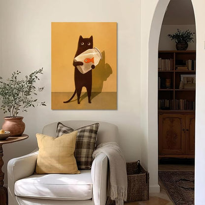 Funny Black Cat Wall Art, Abstract Black Cat and Fish Canvas Poster Print Picture, Cute Animal Wall Decor, Perfect for Cat Lovers for Bathroom Living Room Bedroom Kids Room 12x16in Framed