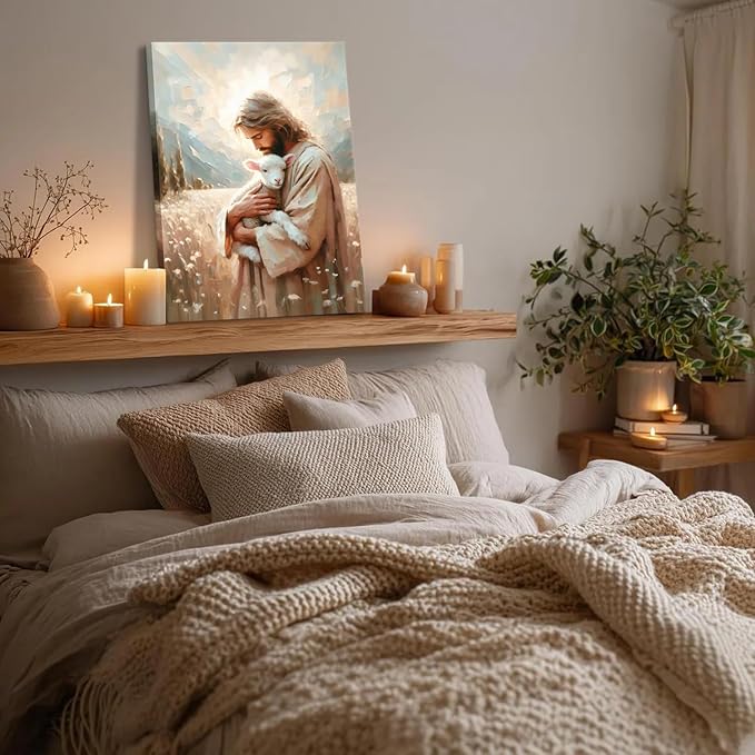 Jesus and Lamb Canvas Wall Art Christian Jesus the Good Shepherd Painting Picture Wall Decor Religion Bible Stories Poster Print Artwork for Church LDS Bedroom Living Room Home Decor 16x24in Canvas