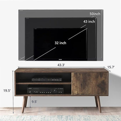 Cozy Castle TV Stand for 48-55 Inch TV, Mid Century Modern Entertainment Center with Storage Cabinet, TV Media Console with Charging Station for Living Room (Brown, 43.3" W x 15.7" D x 19.5" H)
