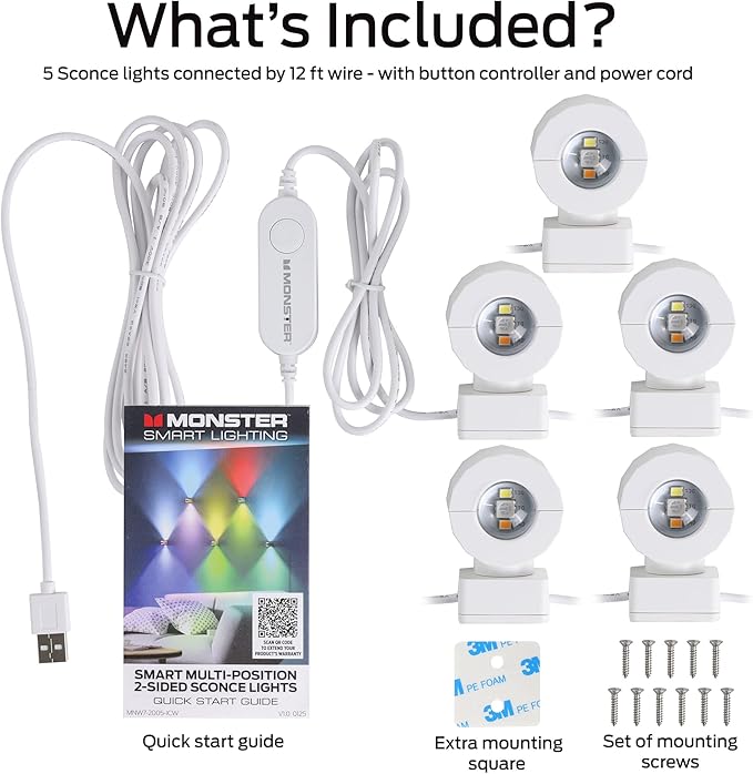 Monster Sconce Lights, RGBW+IC Multi-Colored & Multi-White, 5 Double-Sided LED Sconce Lights, App & Voice Control, Sound Reactive, Razer Chroma, Dimmable, Scheduling, Works with Alexa, Siri, Google