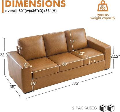 ELUCHANG 85" Luxury 3 Seater Sofa Couch for Living Room, Modern Upholstered Faux Leather Sofas Couches with Extra Deep Seats&Removable Cover, Comfy Sofa Couch for Apartment, Lounge, Brown, 2PCS