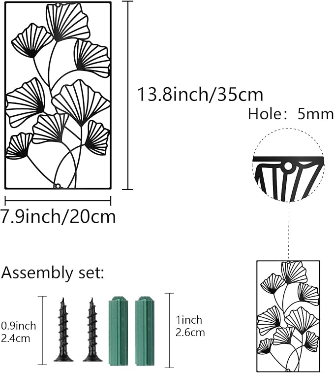 CREATCABIN Ginkgo Leaf Metal Wall Decor Black Leaves Wall Hanging Decor Iron Wall Art Minimalist Ginkgo Lines Silhouette Sculpture Decoration Sign Rectangle Frame for Yoga Garden Balcony 12x8 Inch