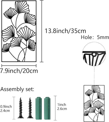 CREATCABIN Ginkgo Leaf Metal Wall Decor Black Leaves Wall Hanging Decor Iron Wall Art Minimalist Ginkgo Lines Silhouette Sculpture Decoration Sign Rectangle Frame for Yoga Garden Balcony 12x8 Inch