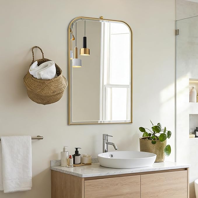 POZINO Brushed Gold Beveled Mirror, 20"x30" Bathroom Vanity Mirror with Stainless Steel Frame, Modern Rectangle Aesthetic Wall Mirrors for Entryway Hallway Bedroom Living Room Fireplace