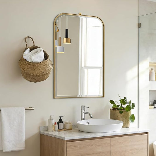 POZINO Brushed Gold Beveled Mirror, 20"x30" Bathroom Vanity Mirror with Stainless Steel Frame, Modern Rectangle Aesthetic Wall Mirrors for Entryway Hallway Bedroom Living Room Fireplace
