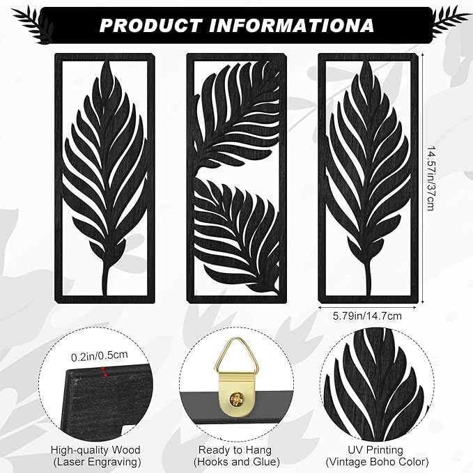 3 Pcs Palm Leaves Wooden Art Wall Decor 14.57 x 5.79 Inch Boho Wood Leaves Plant Wall Accent Vintage Tropical Plant Plaque for Home Bathroom Living Room Bedroom Office Decoration