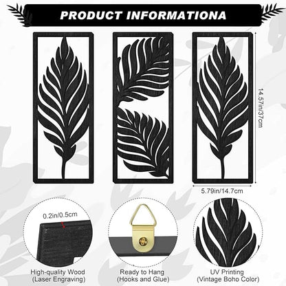 3 Pcs Palm Leaves Wooden Art Wall Decor 14.57 x 5.79 Inch Boho Wood Leaves Plant Wall Accent Vintage Tropical Plant Plaque for Home Bathroom Living Room Bedroom Office Decoration