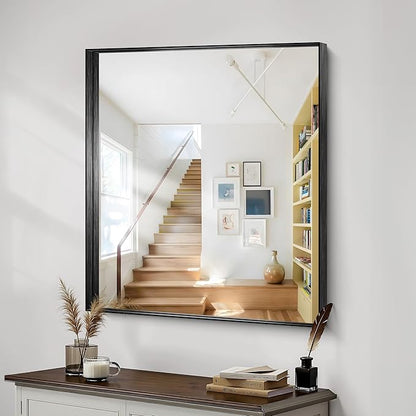 CIRCUMI Black Bathroom Mirror, 36"x40" Rectangular Mirror with Deep Metal Frame, Brushed Finish, Tempered Glass, Mirror for Wall, Oversink, Bedroom, Installed Vertically/Horizontally, Crystal-Clear