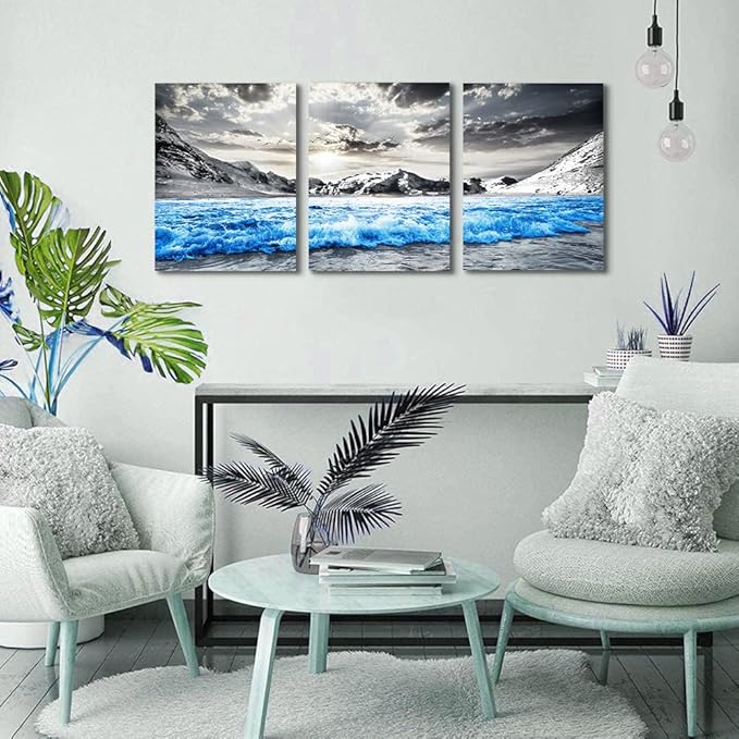 TTHYUEWS Canvas Wall Art For Living Room Modern Home Wall Decoration For Bedroom Office Wall Decor Black And White Beach Wall Paintings Blue Sea Wave Pictures Stretched and Framed Artwork 3 Piece
