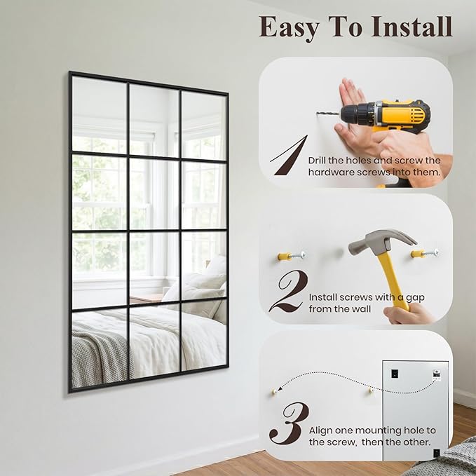 Anpark Windowpane Wall Mirror 30"x48" Black Wall Mounted Art Pane Mirror Farmhouse Decorative Mirror Leaning Hanging Wall Mirror for Bedroom Living Room Entrance Hallway Wall Decor