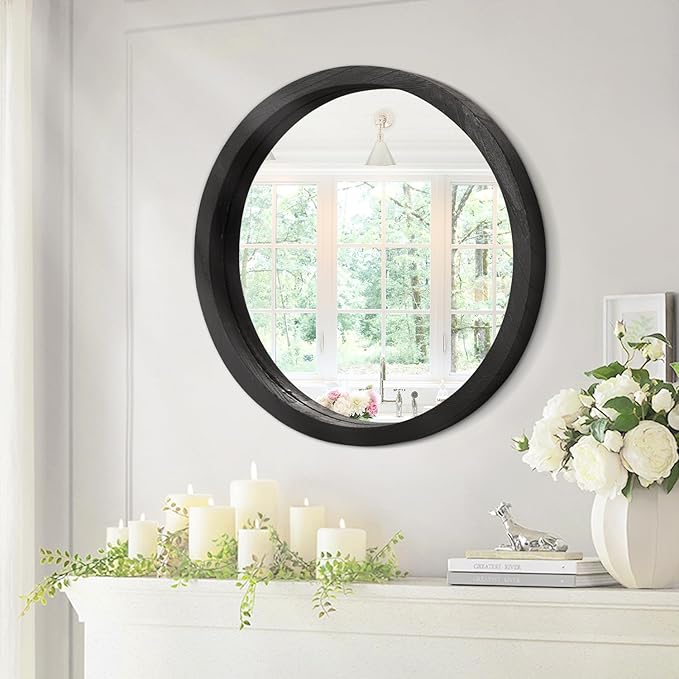 JJUUYOU Round Wall Mirror Circular Wall Mounted Mirror for Bathroom Large Circle Black Mirror for Decor Wooden Make up Mirror for Farmhouse Living Room Bedroom 20Inch