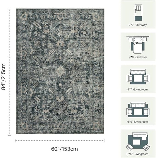 Rugxara 5x7 Area Rugs for Living Room Bedroom, Blue Washable Rug, Vintage Retro Boho Rug, Non Slip & Low Pile Faux Wool Thin Carpet for Indoor Dining Room and Kids Room(Blue 5x7ft)
