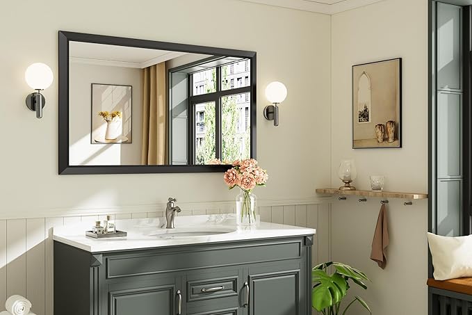 Briivue 50x30 Inch Black Bathroom Mirror for Wall, Thick Metal Framed Rectangle Mirrors for Over Sink, Bedroom, Living Room, Entryway, Anti-Rust, HD Tempered Glass