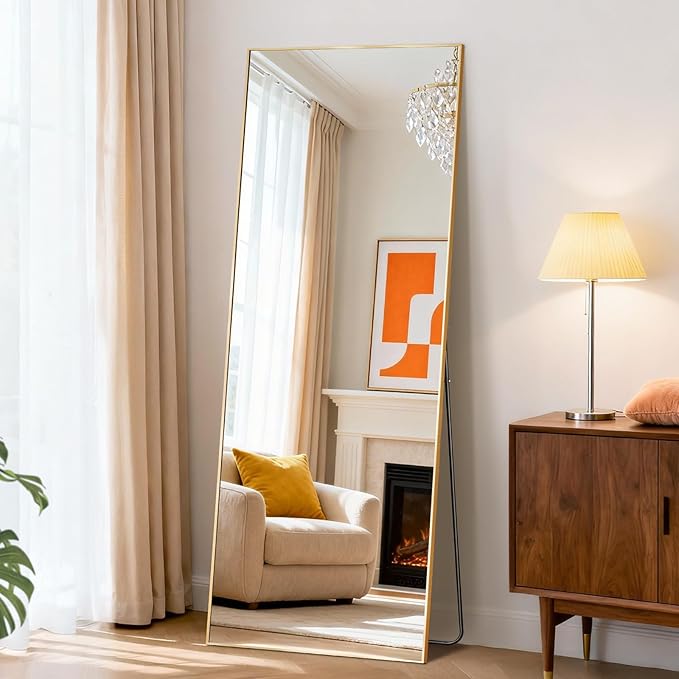Sweetcrispy 56"x15" Full Length Mirror, Full Body Mirror with Aluminum Alloy Thin Frame, Leaning or Standing, Suitable for Bedroom, Livingroom, Cloakroom, Gold