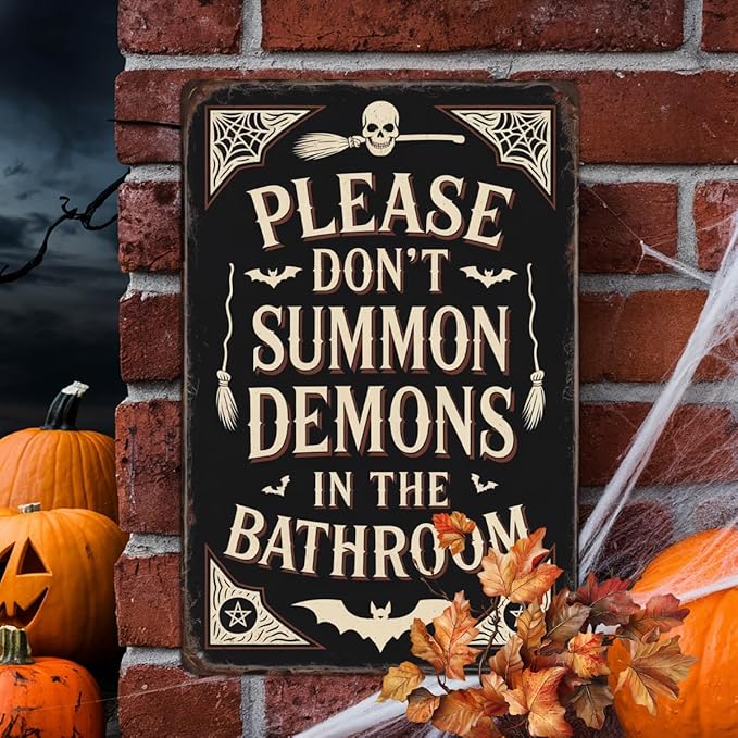 Please Don't Summon Demons in the Bathroom Metal Tin Sign Halloween Theme Wall Hanging Vintage Style Wall Decor for Bathroom Halloween Party Entryway Spooky Home Decor Poster 8x12 Inch