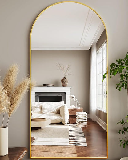 Full Length Mirror, 76"x34" Arched Floor Mirror Freestanding, Floor Standing Full Body Mirror with Stand for Bedroom, Hanging Mounted for Living Room Cloakroom, Gold