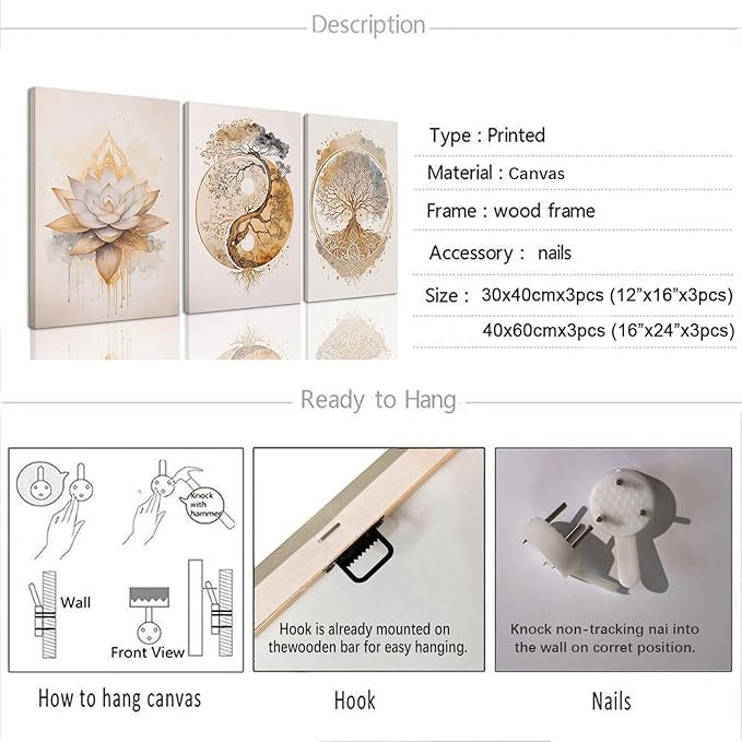 AOYUSMO 3 Piece 3 Piece Tree of Life Wall Art Zen Wall Decor Yoga Room Canvas Art Modern Gold Lotus Flower Pictures Spiritual Meditation Paintings Spa Artwork For Living Room Bathroom