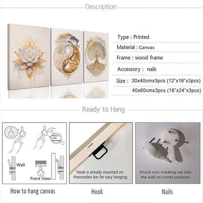 AOYUSMO 3 Piece 3 Piece Tree of Life Wall Art Zen Wall Decor Yoga Room Canvas Art Modern Gold Lotus Flower Pictures Spiritual Meditation Paintings Spa Artwork For Living Room Bathroom