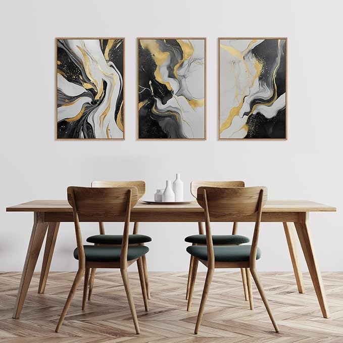 HLNIUC Abstract Minmalist Wall Art,Flow Marble Wall Art,Black White Gold Artwork,Modern Neutral Framed Decor Textured,Luxury Artwork Canvas,Marble Line Prints for Living Room Bedroom Office16x24x3