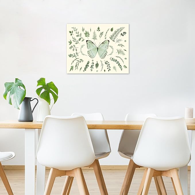 LB Sage Green Butterfly Wall Art Watercolor Leaf Eucalyptus Leaves with Butterfly Canvas Wall Art Green Plant Wall Decor for Living Room Bedroom Bathroom Framed Ready to Hang 8L x 10W Inch