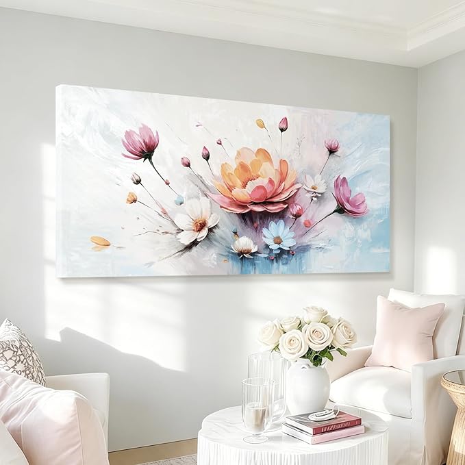 Extra Large Floral Living Room Wall Art (Orange, Pink, & Blue) — Abstract, Colorful Botanical Canvas Print. A Modern, Aesthetically Pleasing Nature-Inspired Wall Decoration, Suitable For Bedrooms, Entryways, Dining Rooms, Balconies, And More. Dimension...
