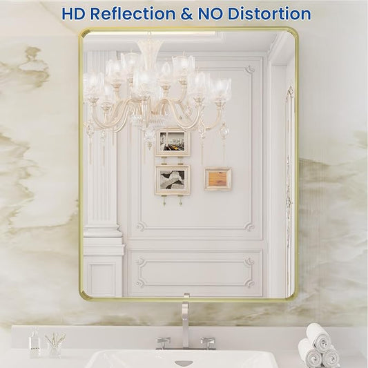 WEER Gold Bathroom Mirror, 28X36 Inch Brushed Gold Metal Frame Mirror, Rounded Rectangle Gold Bathroom Vanity Mirror for Wall, Tempered Glass, Anti-Rust, Hangs Horizontally or Vertically