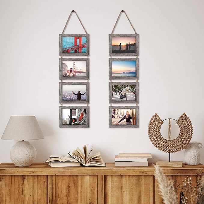 Lavezee 4x6 Hanging Collage Picture Frame Set, Rustic 8 Opening Horizontal Frames Display 4 by 6 Photos Prints for Wall Decor