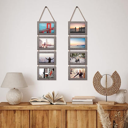 Lavezee 4x6 Hanging Collage Picture Frame Set, Rustic 8 Opening Horizontal Frames Display 4 by 6 Photos Prints for Wall Decor