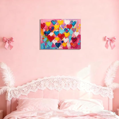 12x16 Framed Graffiti Pink Hearts Canvas Art Wall Modern Abstract Love Painting Colorful Kids Bedroom Decor Teen Girl Rainbow Room Wall Posters Child Gift Bathroom Oil Prints Office Bright Pictures