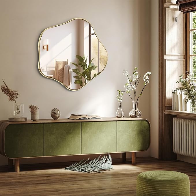Irregular Round Mirror, 28" Scalloped Mirror with Gold Metal Frame, Modern Asymmetrical Wall Mirrors Decorative, Wavy Shaped Mirrors for Living Room Bathroom Bedroom Hallway Entryway