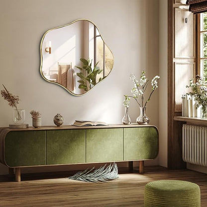 Irregular Round Mirror, 28" Scalloped Mirror with Gold Metal Frame, Modern Asymmetrical Wall Mirrors Decorative, Wavy Shaped Mirrors for Living Room Bathroom Bedroom Hallway Entryway