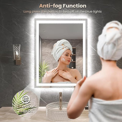Snowdool 20"X28" LED Bathroom Mirror with Front Lights and Backlit, Anti-Fog, Dimmable, Shatter-Proof Tempered Glass, Lighted Bathroom Vanity Mirror for Wall with 3 Colors, Memory Function