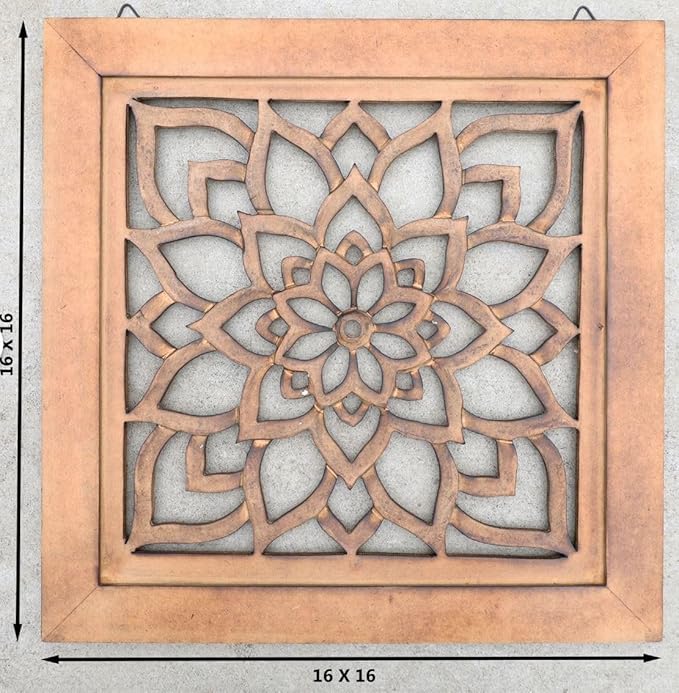 DharmaObjects Handcrafted Lotus Wood Wall Panel Decor Hanging Art 16" X 16" (Walnut)