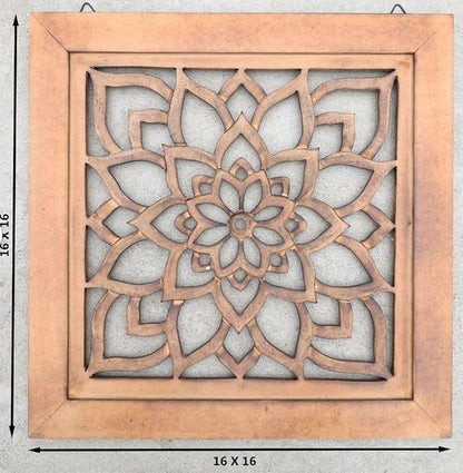 DharmaObjects Handcrafted Lotus Wood Wall Panel Decor Hanging Art 16" X 16" (Walnut)