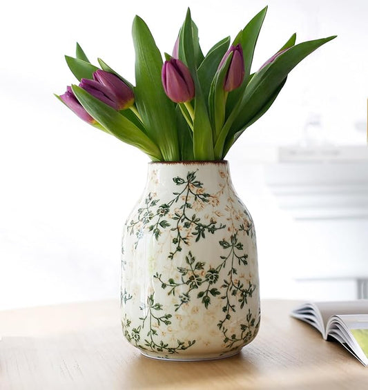 Vintage Green Ceramic Decorative Floral Vase for Flower Bouquet centerpieces Beige Ice Glazed Crack Farmhouse Rustic for Home Decor, Living Room, Shelf, Office, Table 7.7 Inches with Vine Pattern