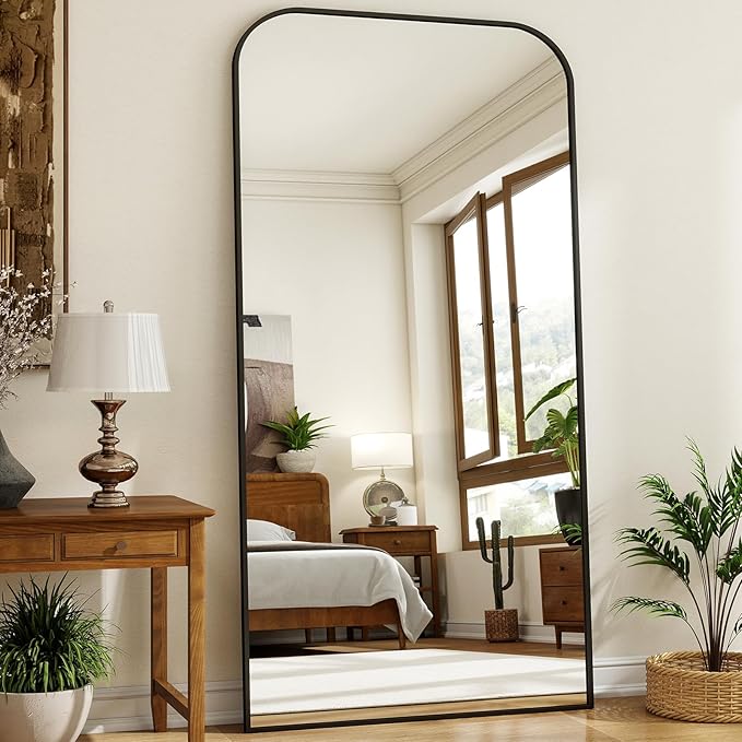 XRAMFY 40x86 Inch Floor Length Mirror with Stand, Full Length Standing Mirror for Bedroom, Full Body Tall Mirrors with Modern Aluminum Alloy Frame in Black, Home Decor