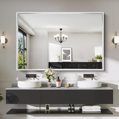CIRCUMI 60"x40" Brushed Silver Mirror with Chunky Box Metal Frame, Bathroom Mirror for Vanity Remodel & New Home, Living Room, Entryway, Rectangular Wall Mirror, Tempered Glass, Vertical or Horizontal