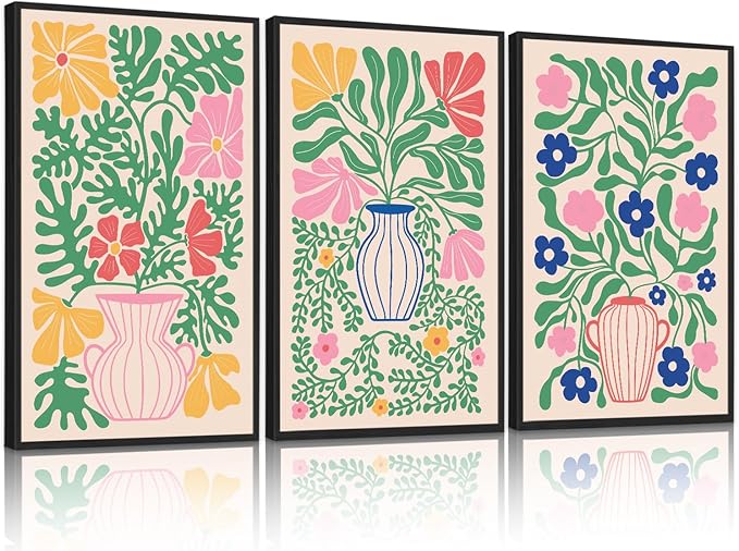 CHDITB Matisse Flowers Vase Framed Canvas Wall Art(16"x24"), 3 Panels Colorful Boho Florals Botanical Plants Artwork Printings, Large Scandinavian Gallery Decor Painting for Bedroom Dining Room Office
