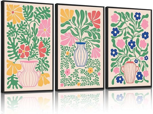 CHDITB Matisse Flowers Vase Framed Canvas Wall Art(16"x24"), 3 Panels Colorful Boho Florals Botanical Plants Artwork Printings, Large Scandinavian Gallery Decor Painting for Bedroom Dining Room Office