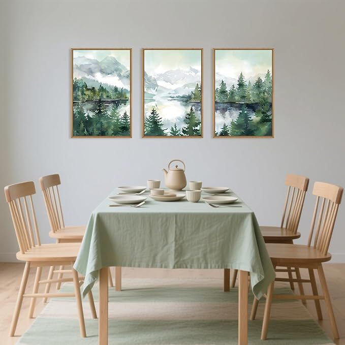 Watercolor Mountain Framed Canvas Wall Art Set, Boho Forest Wall Decor, Nature Green Pines Wall Painting, Forest Wilderness Artwork for Living Room, Bedroom, Dining Room, Office-24 x36 x3