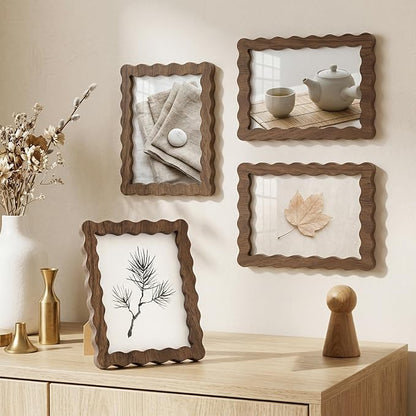 Novabright 4 Pcs 5 x 7 Inch Wood Wavy Edge Picture Frame Vintage Wooden Photo Frame with Real Glass for Tabletop and Wall Display Home Decor Photo Gallery Family Friend Wedding Graduation Gift