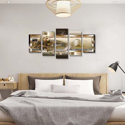 5 Panel Yellow Orchid Flowers Canvas Print - Abstract Golden Floral Wall Decor Poster, 5 pieces Wall Art Painting Decor for Home Decoration Artwork Picture Bedroom Wall Decor (D,Oversize 60x30inch)