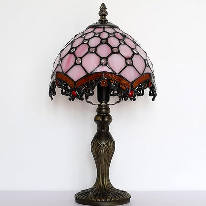 Tiffany Style Lamp Stained Glass Table Lamp 8 x 14.5” Mini Accent Light Pink Beads Design Small Decorative Bedside Reading Memory Lamp