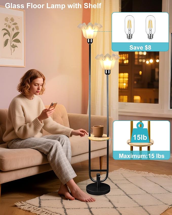 Dimmable Flower Floor Lamps with Table, 2-Lights Floral Floor Lamp, 3000K Warmwhite Modern Floor Lamp, Vintage Black Standing Lamp with 5Lbs Heavy Base for Living Room Bedroom