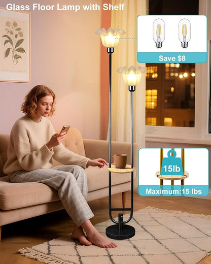 Dimmable Flower Floor Lamps with Table, 2-Lights Floral Floor Lamp, 3000K Warmwhite Modern Floor Lamp, Vintage Black Standing Lamp with 5Lbs Heavy Base for Living Room Bedroom