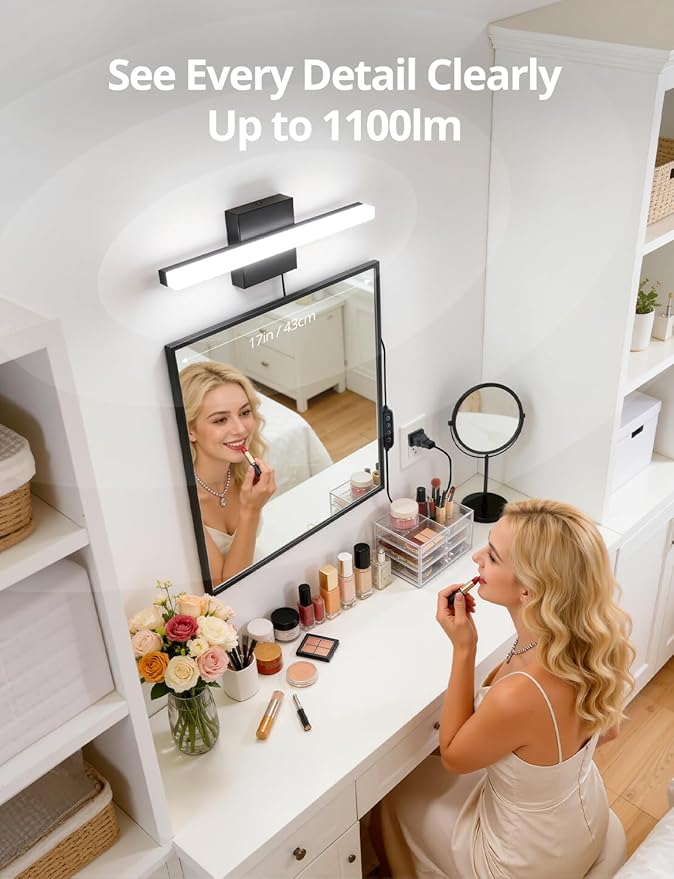 Combuh Black Plug in Vanity Light Bar Corded for Bathroom Lighting Fixture No Wiring, 16Inch 5 Colors Adjustable Dimmable Modern Bright Daylight Mirror Lamp for Wall Dressing Room Makeup (with Plug)