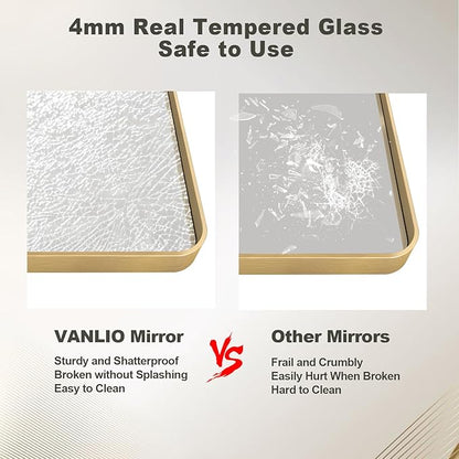 24x36 Inch Gold Framed Bathroom Mirror, Brushed Gold Metal Vanity Mirror, Gold Rectangle Mirror for Wall, Rounded Corner, Tempered Glass, Anti-Rust, Shatterproof (Horizontal/Vertical)